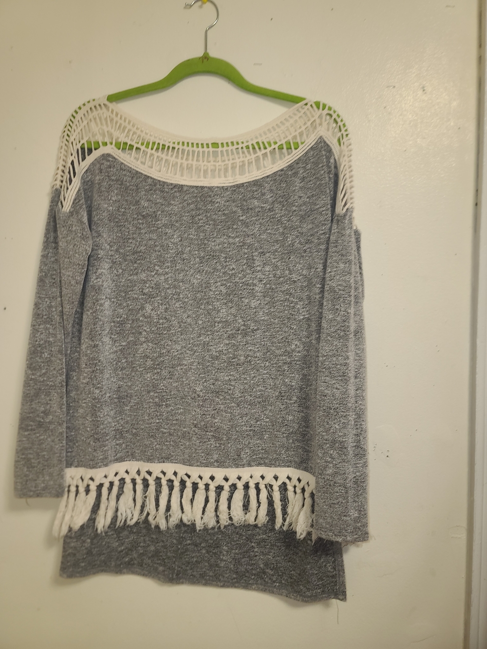 Gray Knit Fringe Sweater Top with White Crochet Yoke